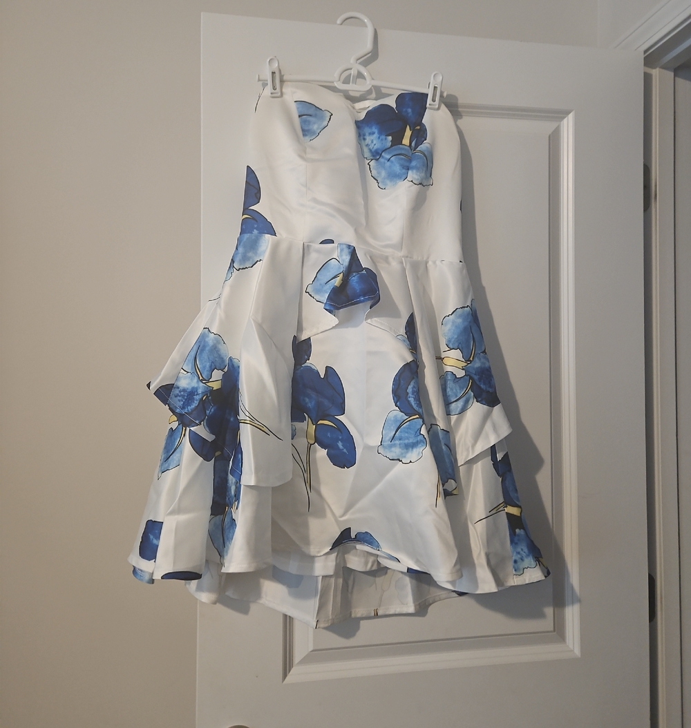 Strapless White Dress with Blue Floral Print